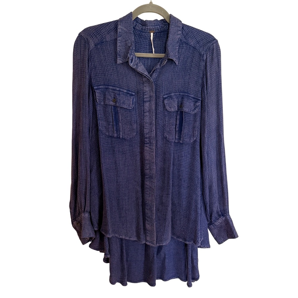 Free People Indigo Blue Waffle Knit Button Down High Low Shirt Small Boho Beach